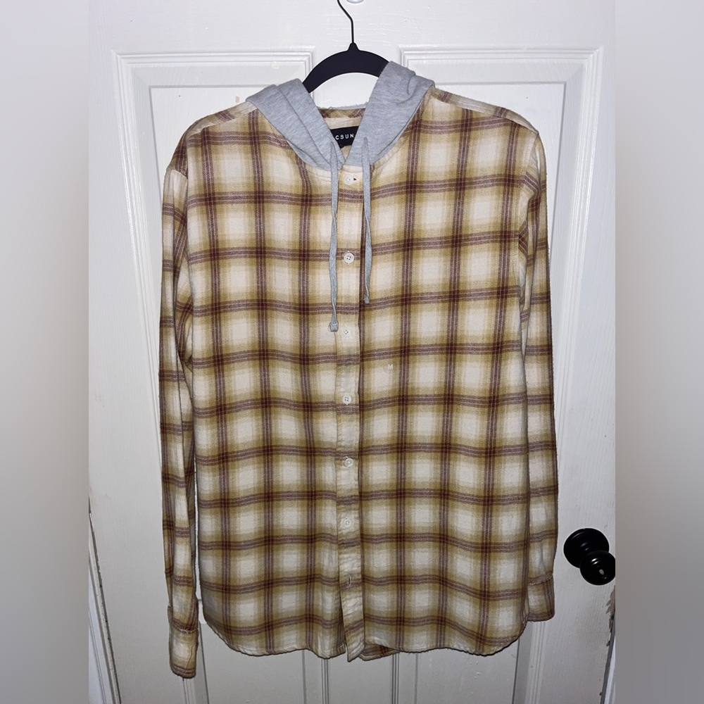 PacSun Button Up Mustard hooded flannel shirt
